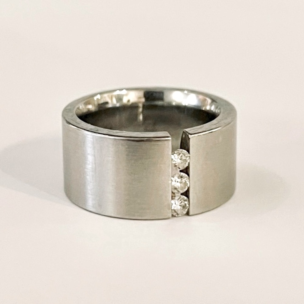 Unique Stainless Steel Ring with Sliding Diamond Accents